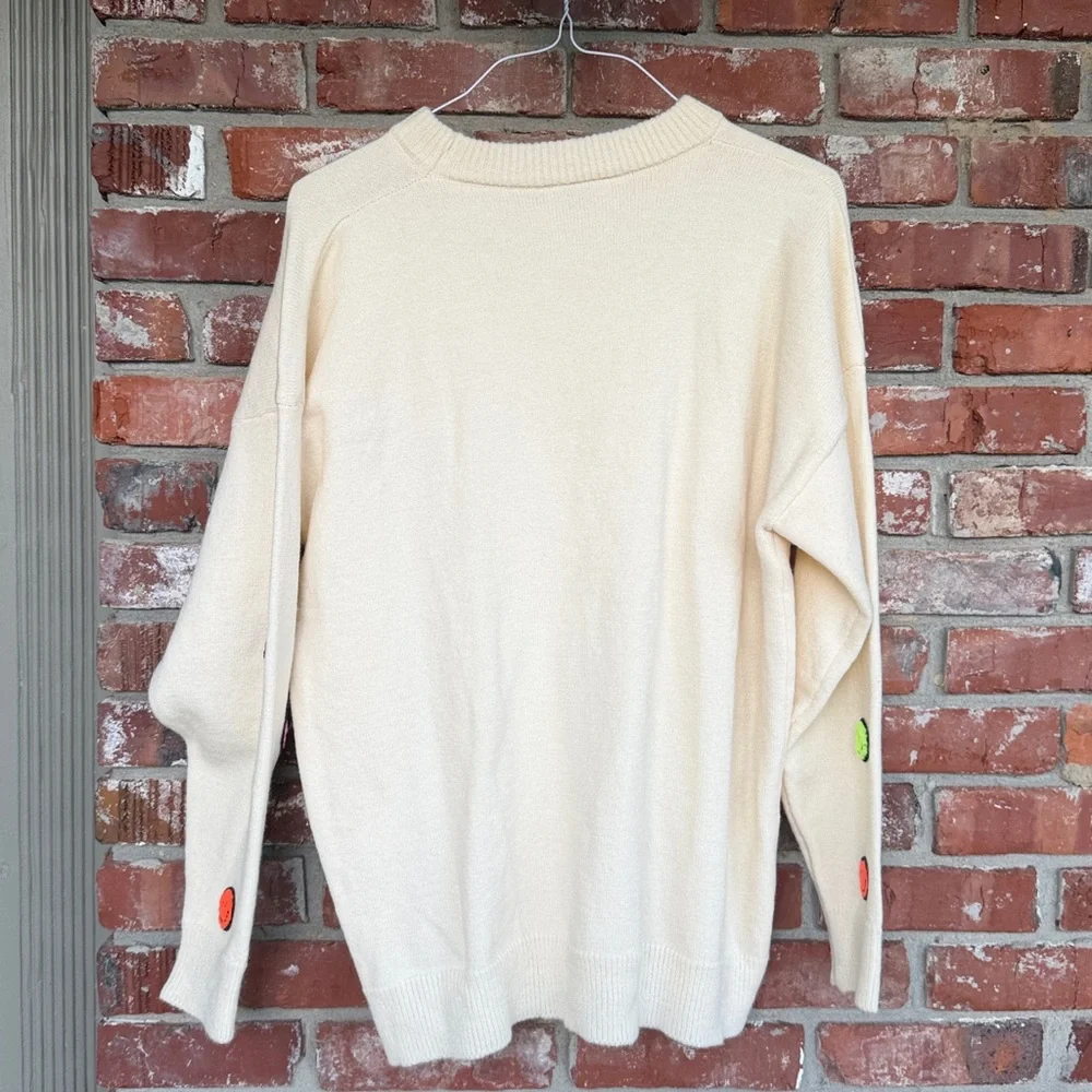 Hazel & Olive Cream Sweater with Colorful Smiley Faces one size - Picture 6 of 8